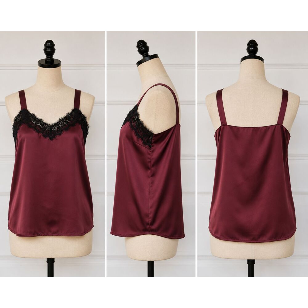 Maurices Women’s Medium Burgundy Satin Cami Black Lace Trim Tank Top